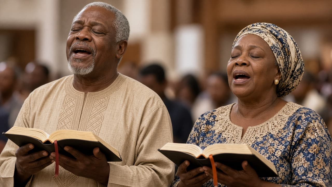 Older believers lifting their voices in worship